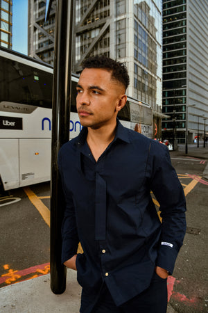 Men's Navy Shirt & Trouser Co-ord with Attached Neck Tie Detail