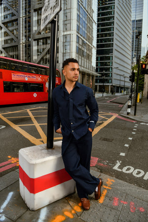 Men's Navy Shirt & Trouser Co-ord with Attached Neck Tie Detail
