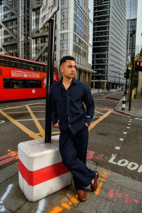 Men's Navy Shirt & Trouser Co-ord with Attached Neck Tie Detail