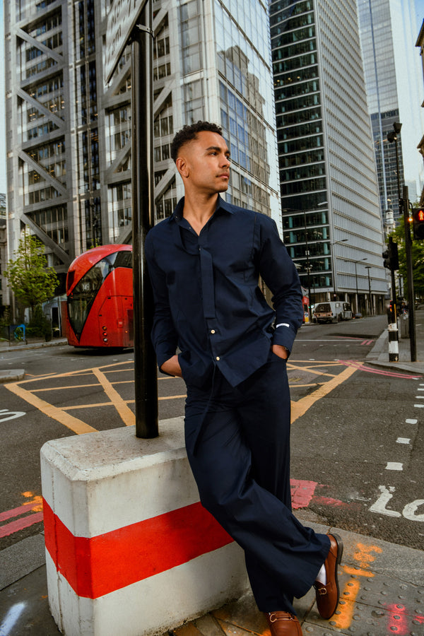 Men's Navy Shirt & Trouser Co-ord with Attached Neck Tie Detail