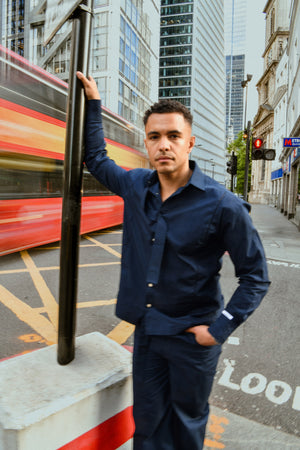 Men's Navy Shirt & Trouser Co-ord with Attached Neck Tie Detail