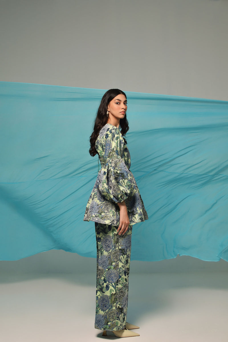 Blue Floral Jacquard Top And Trouser Co Ord Set