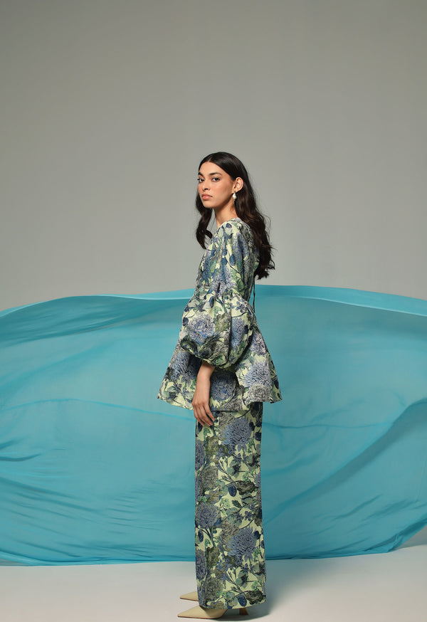 Blue Floral Jacquard Top And Trouser Co Ord Set