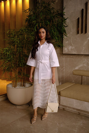 Whipped Cream Belted White Lace Dress