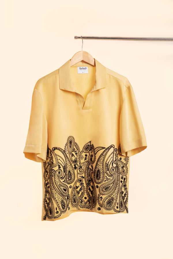 Mustard Handcrafted Embroidery Men's  Satin Shirt