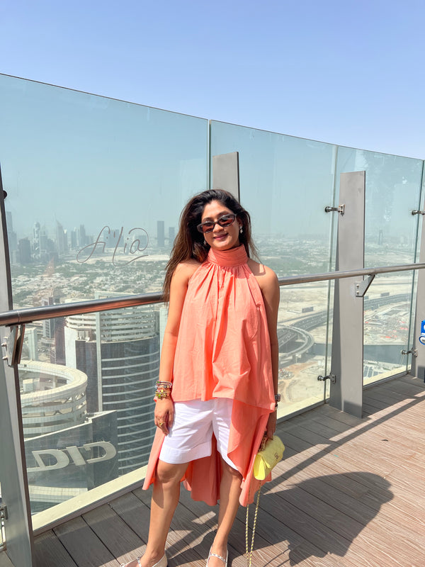 Peach Draped High-Low Cotton Top with White Shorts set
