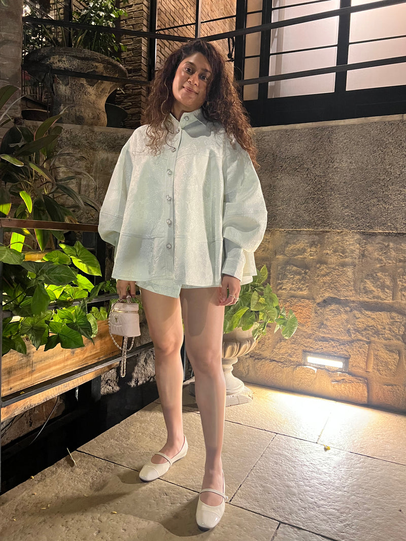 Pastel Green Jacquard Oversized Shirt with Matching Skort