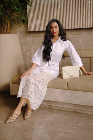 Whipped Cream Belted White Lace Dress