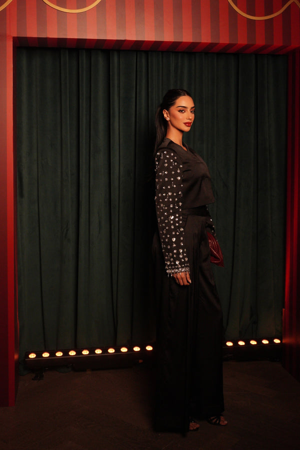 Embellished Jacket With Pleated Pants Co-ord (Black)
