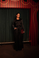 Embellished Jacket With Pleated Pants Co-ord (Black)