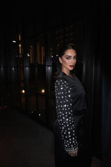 Embellished Jacket With Pleated Pants Co-ord (Black)