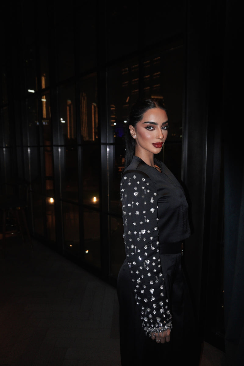Embellished Jacket With Pleated Pants Co-ord (Black)