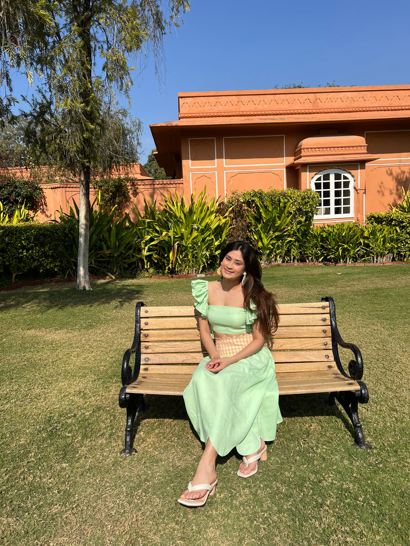 Pastel Mint Ruffled Sleeve Crop Top And Skirt Co Ord