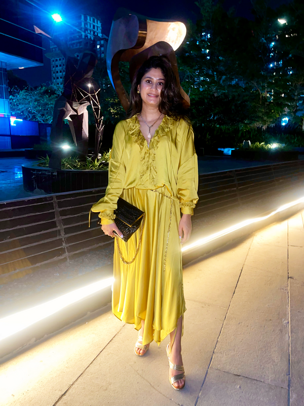 Luxe Yellow Satin Co-ord Set with Ruffle and Draped Skirt