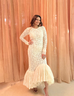 Vintage-Inspired Lace High-Low Gown with Ruffle Hemline