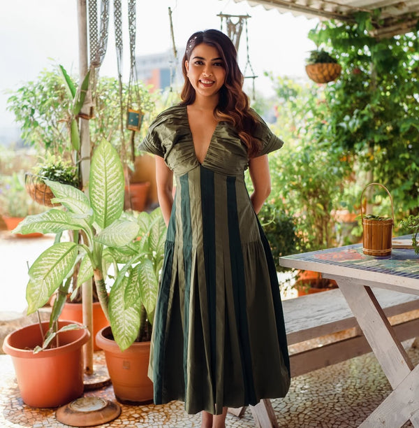 Olive & Moss Green Cotton Panel Midi Dress With Pleated Details