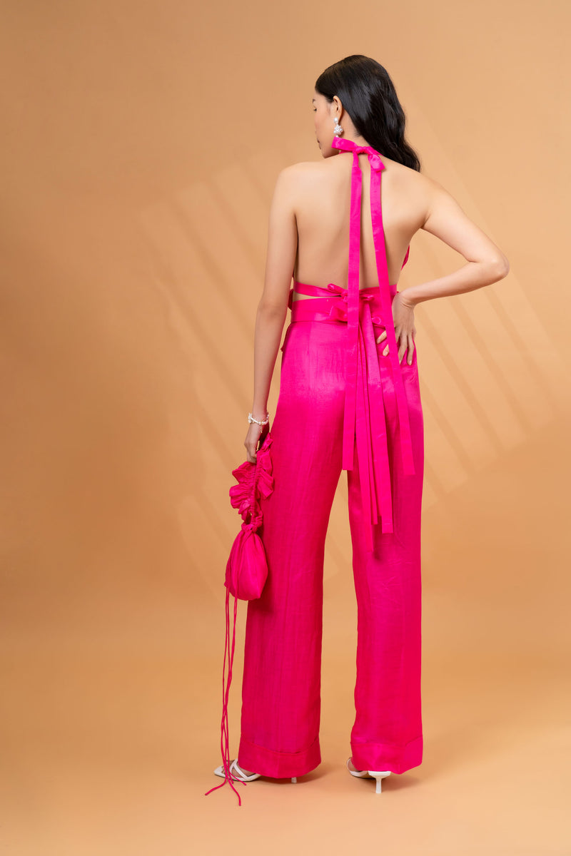 Pleated Halter Neck Backless Top With Straight Pants Linen Co-ord