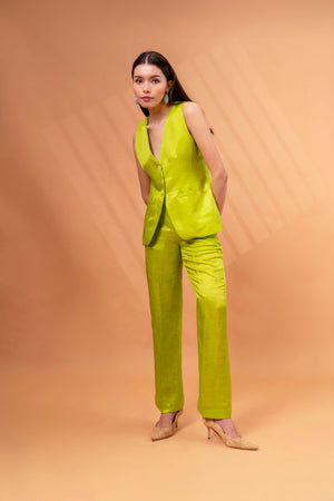 Linen Button Front Vest With Pants Co-ord