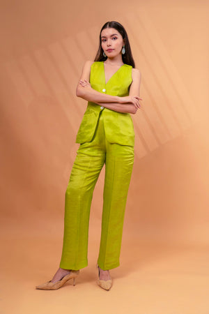 Linen Button Front Vest With Pants Co-ord