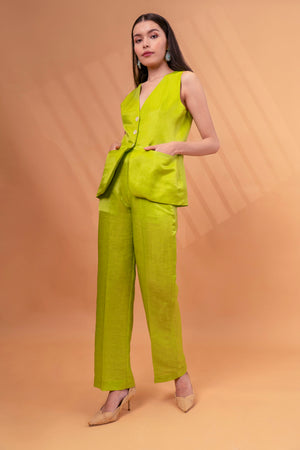 Linen Button Front Vest With Pants Co-ord