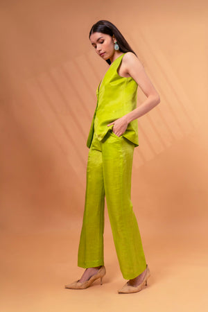 Linen Button Front Vest With Pants Co-ord