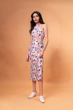 Linen Halter Neck Crop Top And Hobble Midi Skirt Co-ord