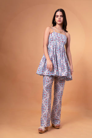 Pleated Linen Tunic Top With Tapered Baggy Ankle Pants Co-ord