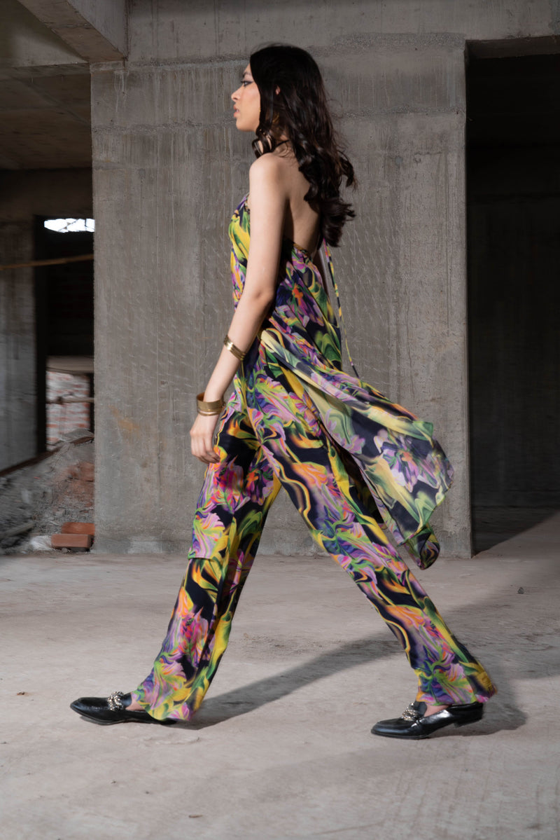Multicolour Printed Strap Top And Pant Set
