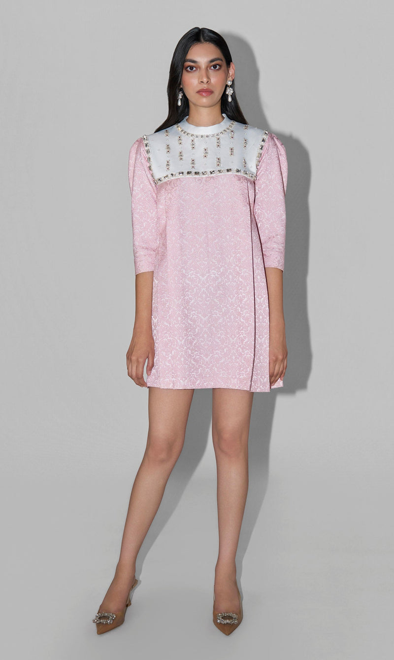 Pink Jacquard Embellished Mini Dress
