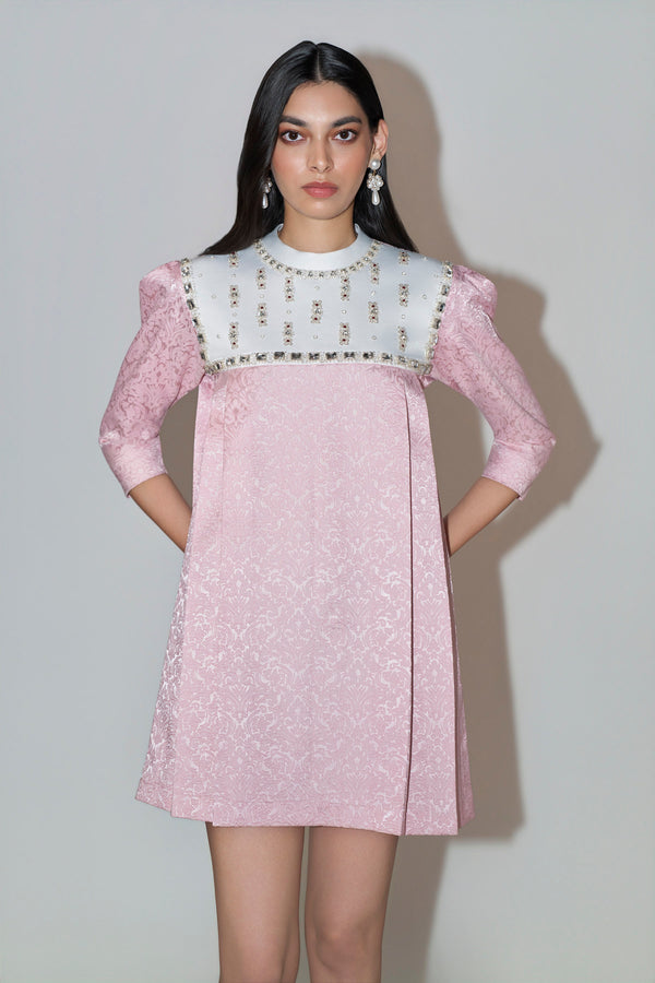 Pink Jacquard Embellished Mini Dress