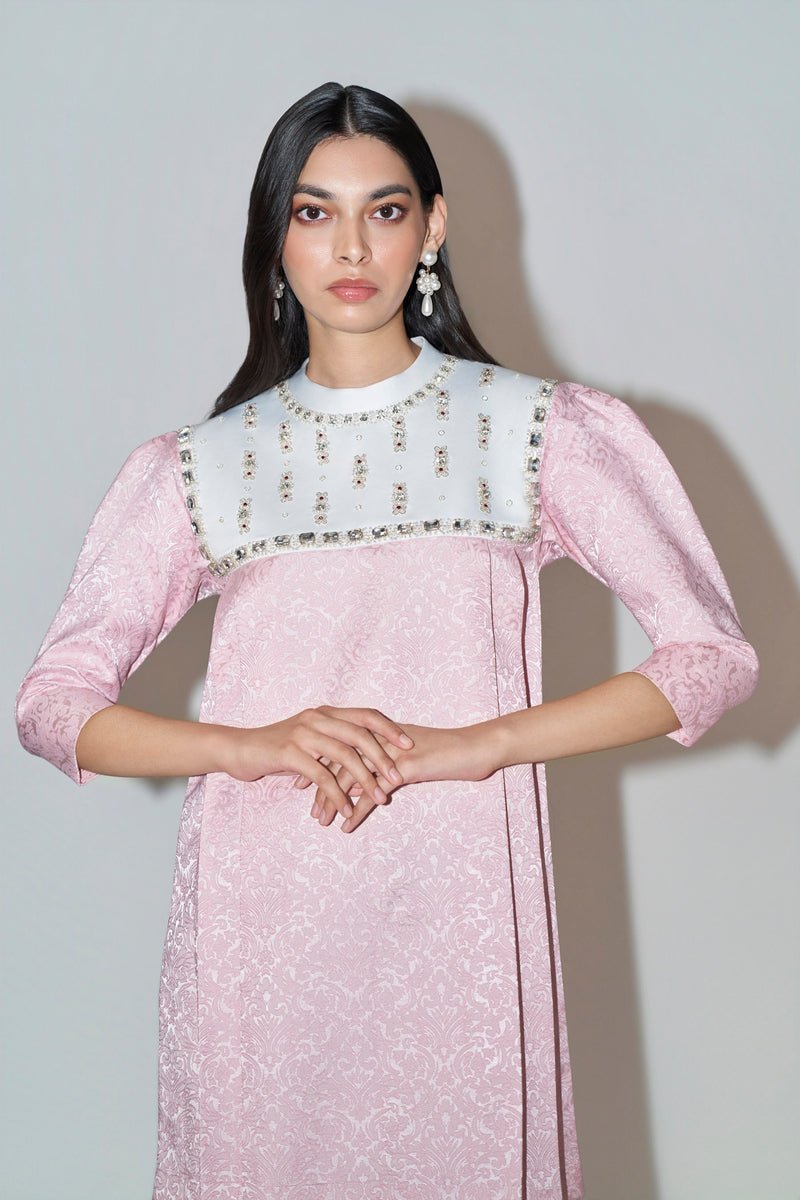 Pink Jacquard Embellished Mini Dress