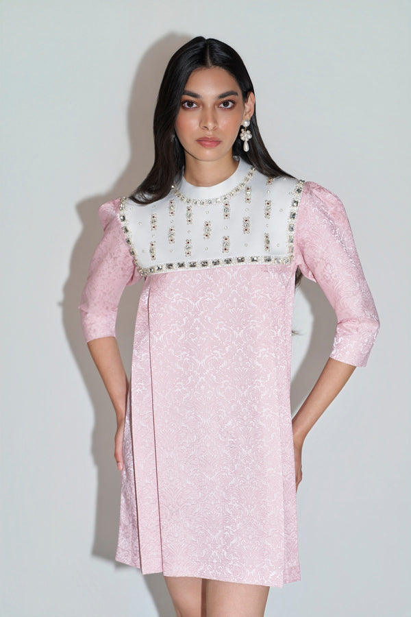 Pink Jacquard Embellished Mini Dress