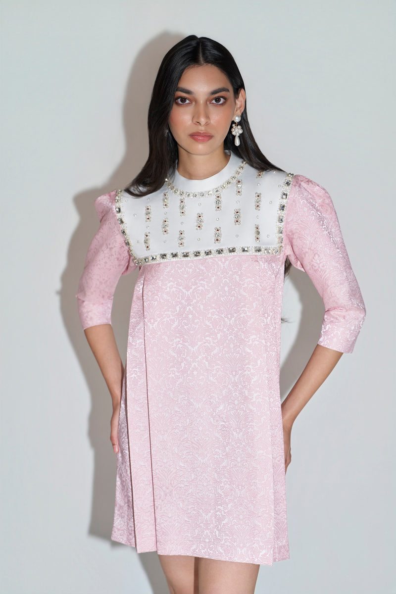 Pink Jacquard Embellished Mini Dress