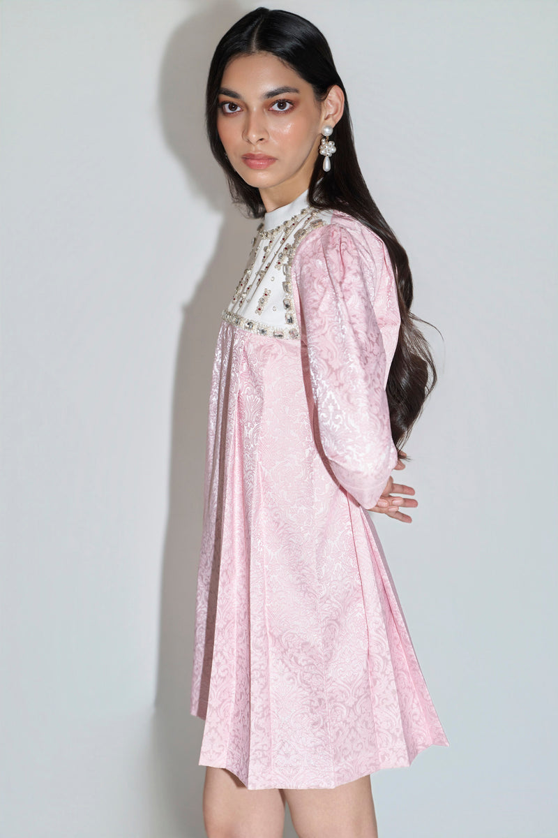 Pink Jacquard Embellished Mini Dress