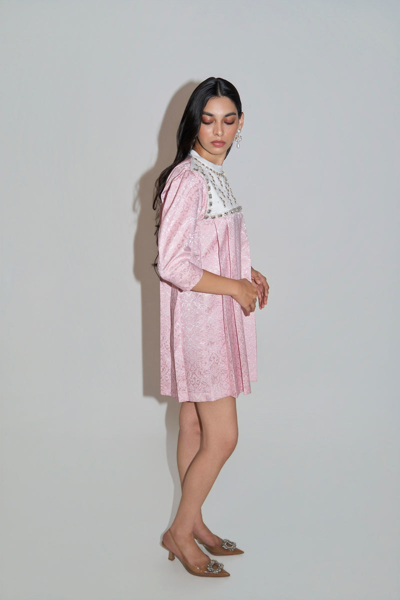 Pink Jacquard Embellished Mini Dress