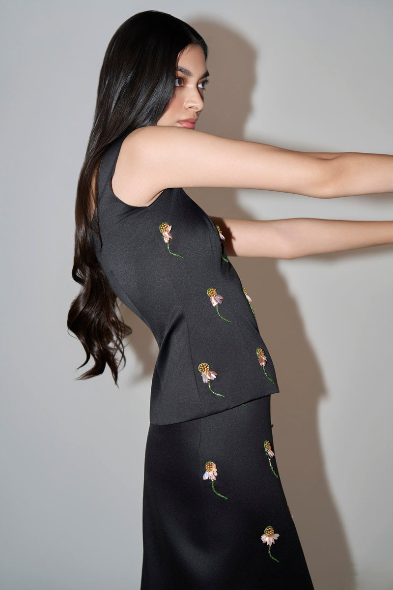 Black Hand-Embellished Floral Coord Set