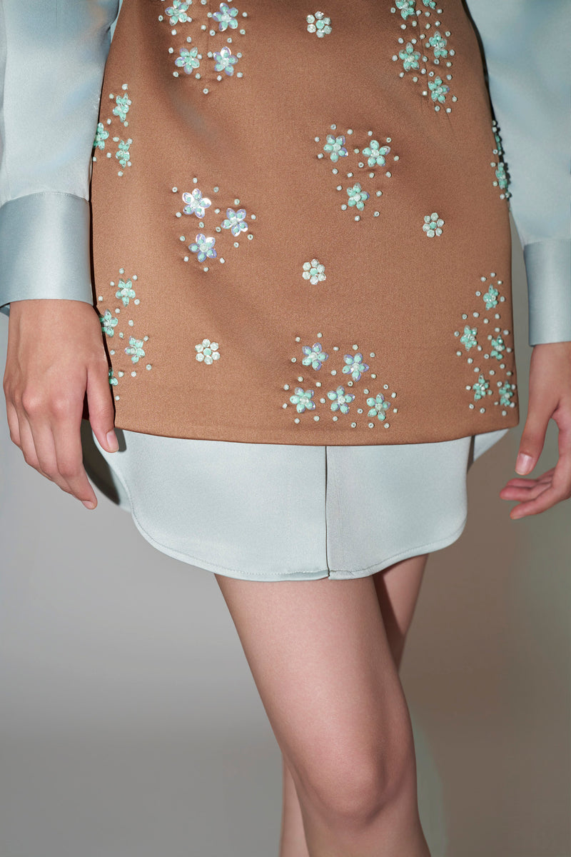 Hand-Embellished Mint & Brown Mini Dress
