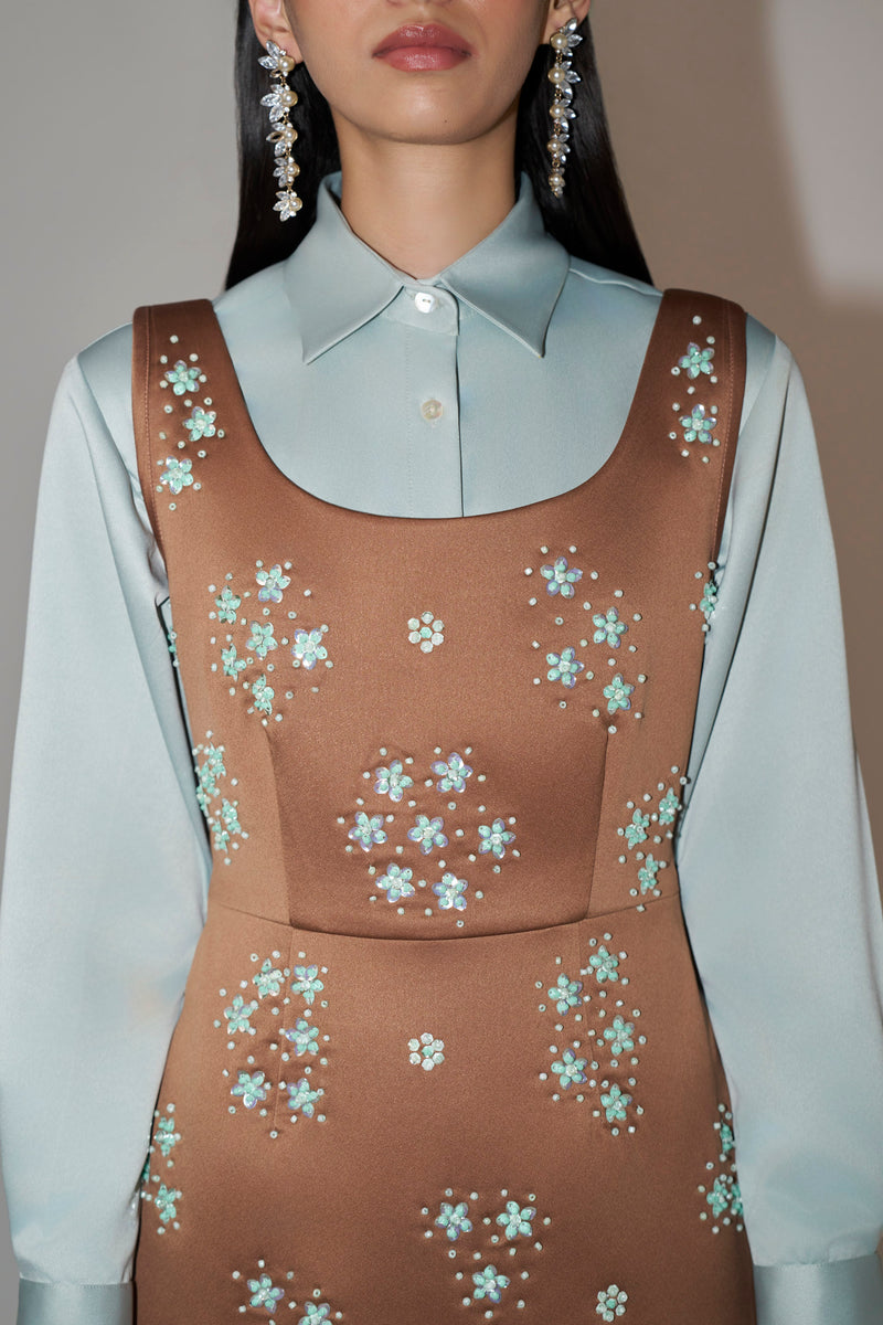 Hand-Embellished Mint & Brown Mini Dress