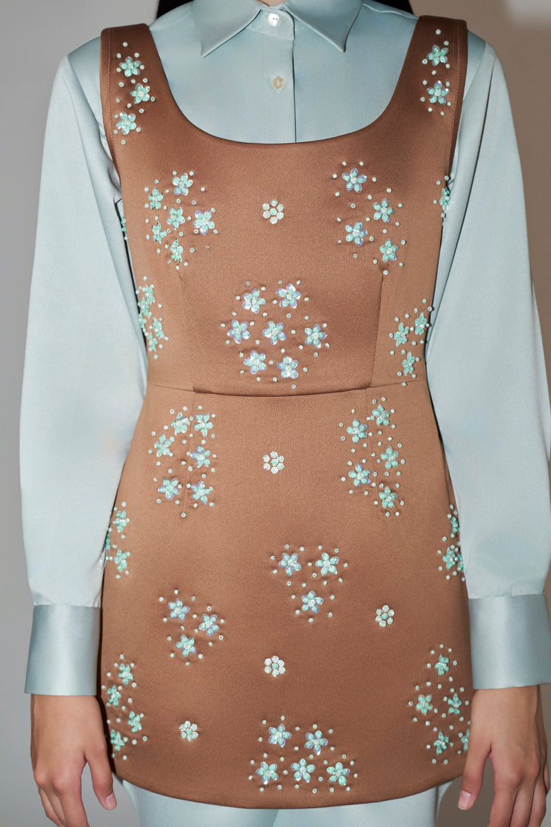 Hand-Embellished Mint & Brown Mini Dress