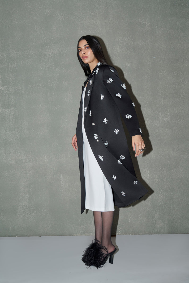 Black Hand-Embellished Floral Long Coat