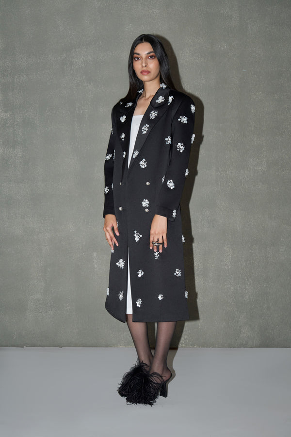 Black Hand-Embellished Floral Long Coat