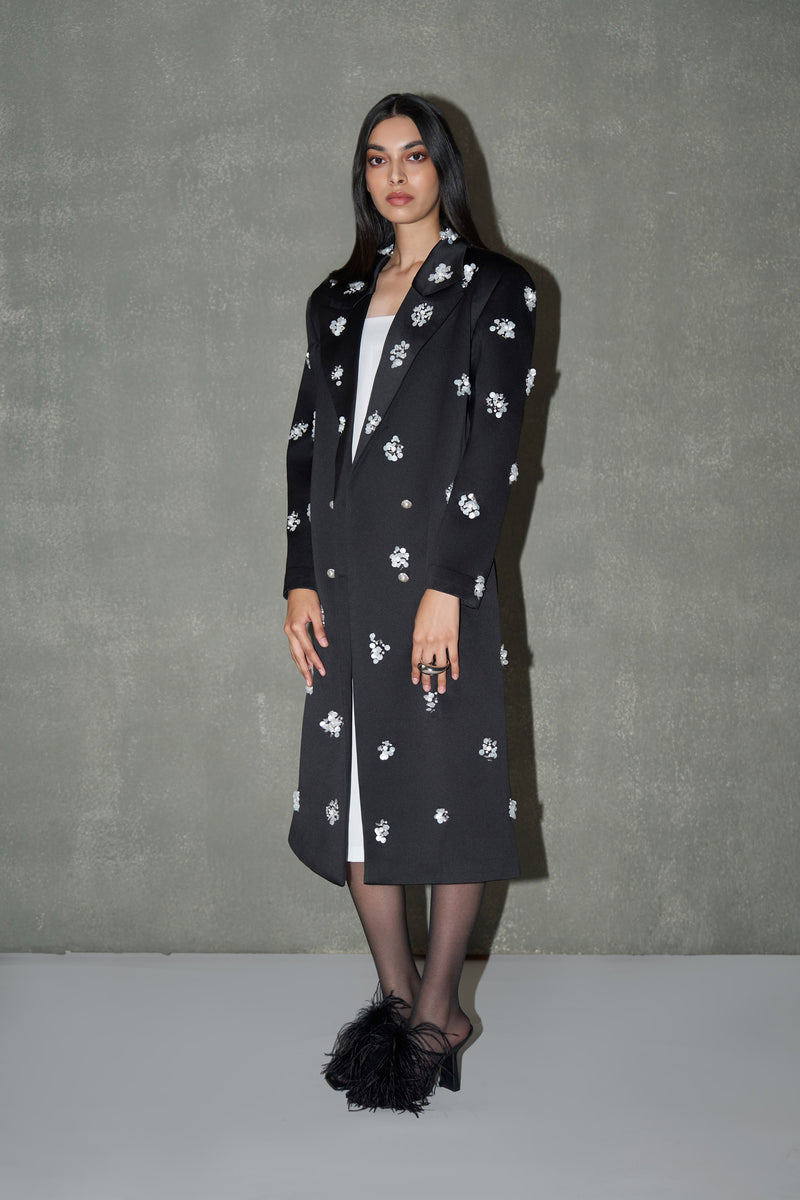 Black Hand-Embellished Floral Long Coat