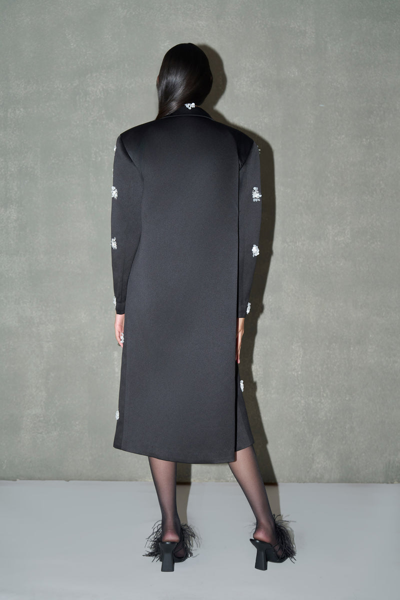 Black Hand-Embellished Floral Long Coat