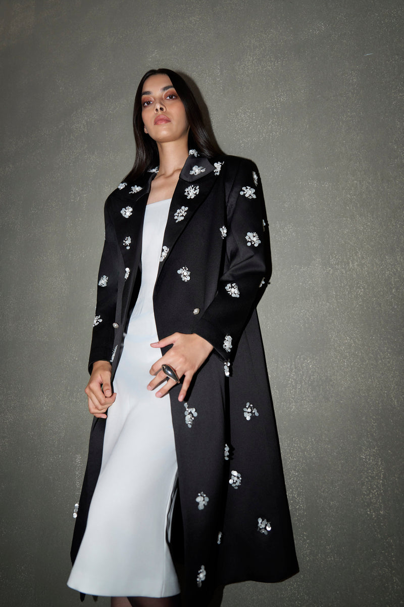 Black Hand-Embellished Floral Long Coat