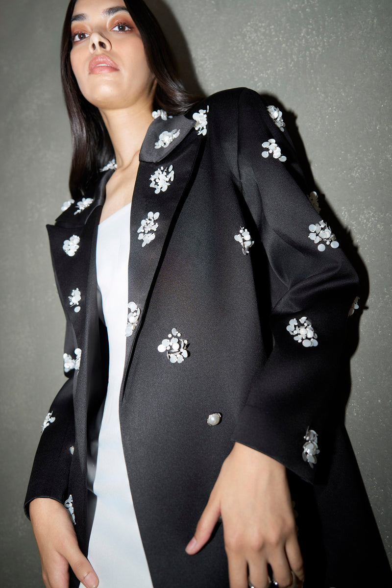 Black Hand-Embellished Floral Long Coat