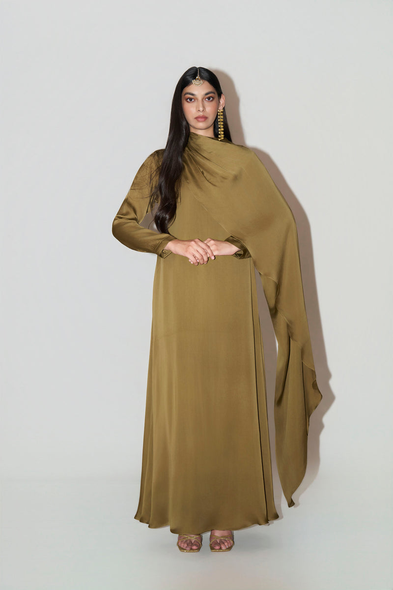 Olive Green Kaftan With Side Cape