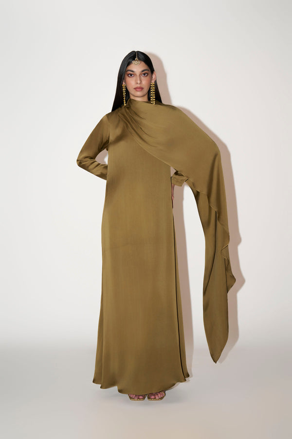 Olive Green Kaftan With Side Cape