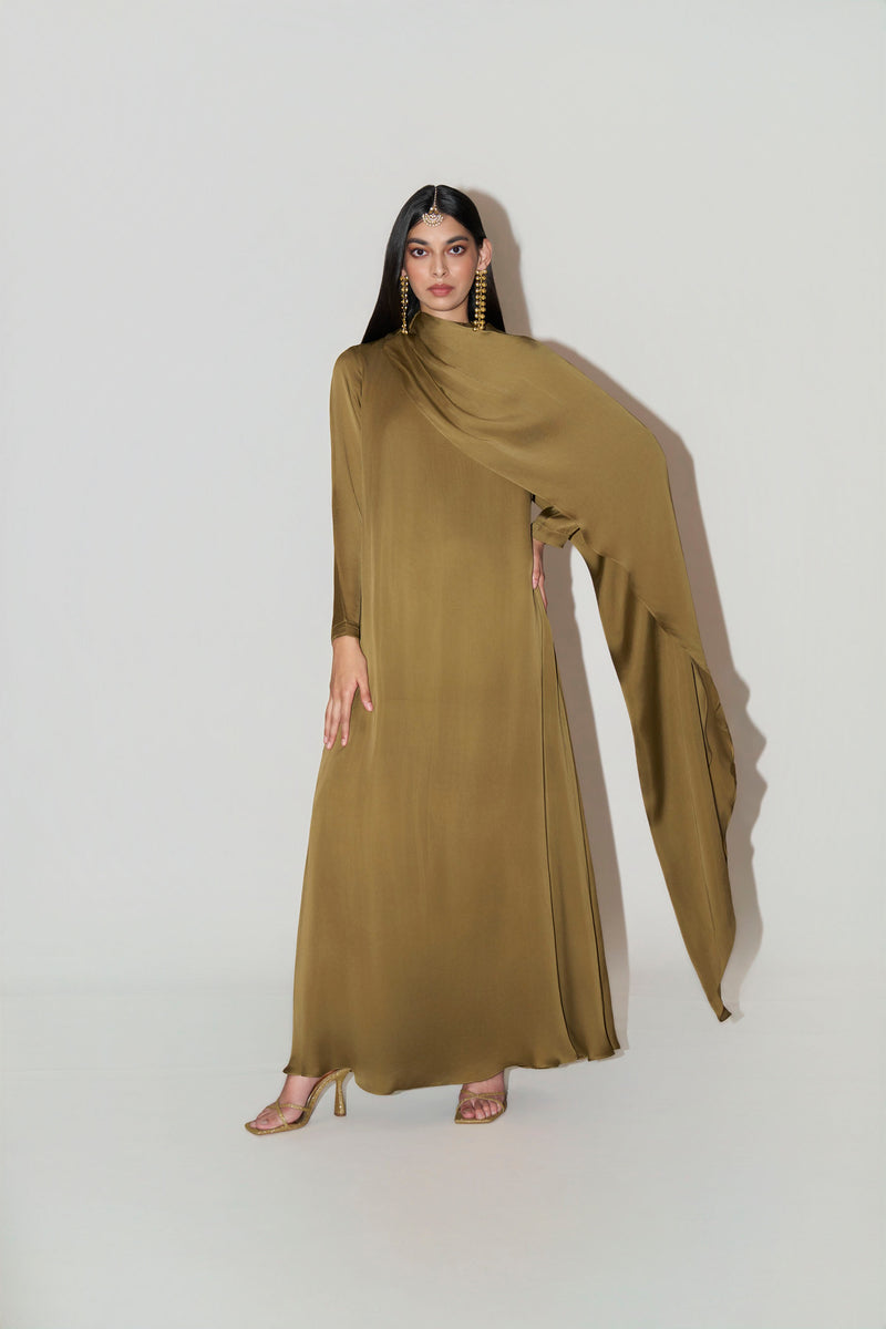 Olive Green Kaftan With Side Cape