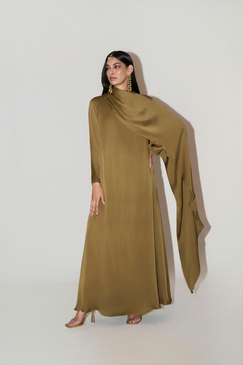 Olive Green Kaftan With Side Cape
