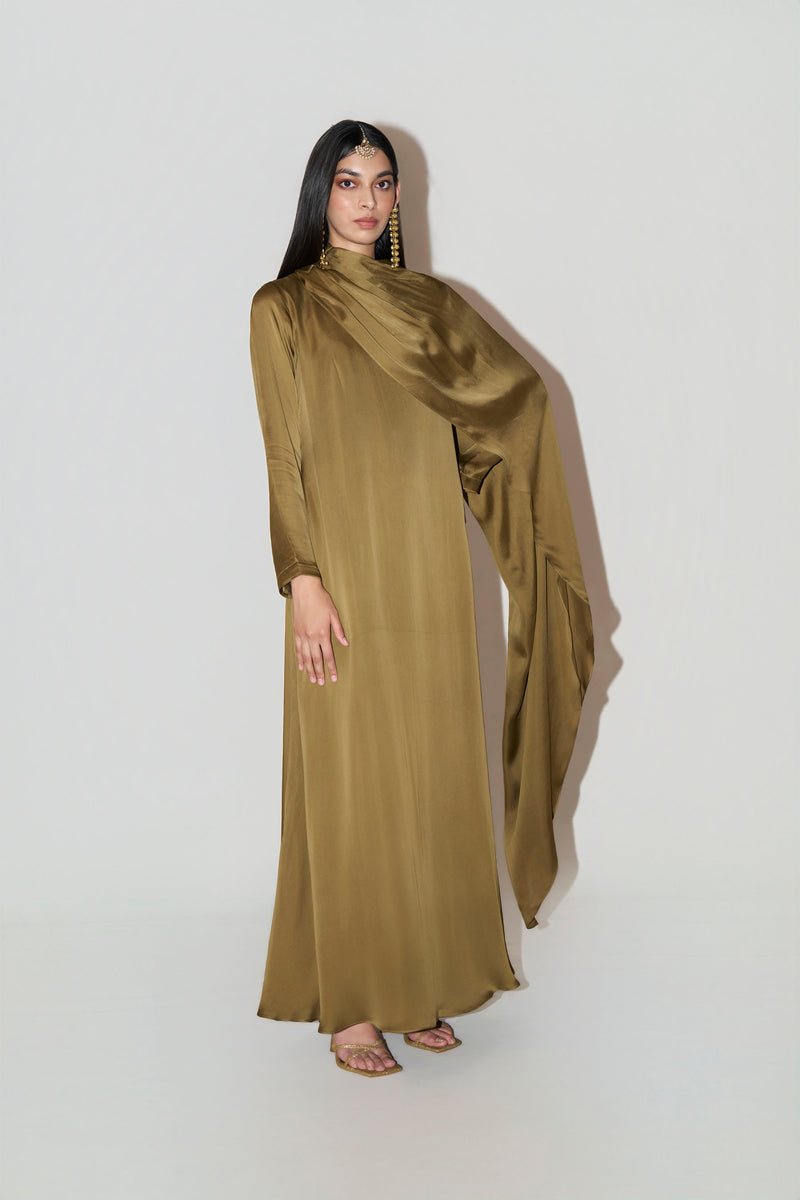 Olive Green Kaftan With Side Cape